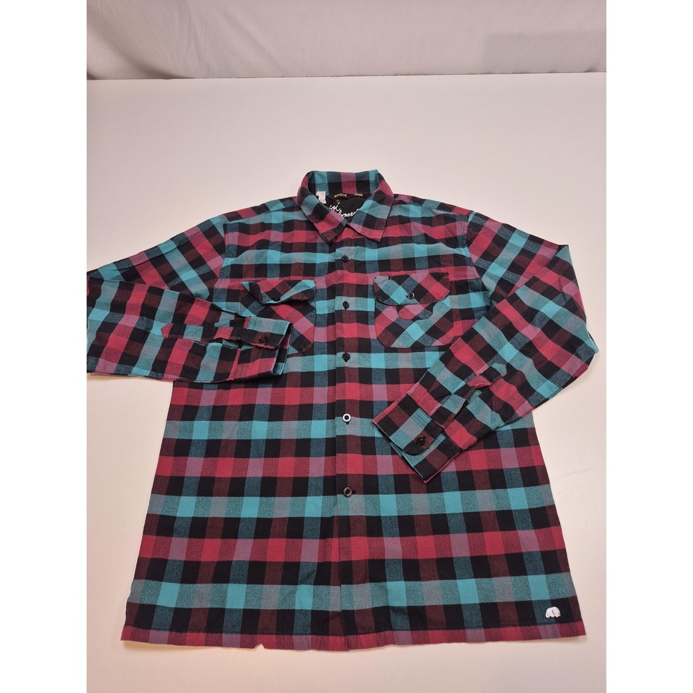 VTG Enjoi Shirt Mens S Red Teal Plaid Flannel Long Sleeve Button Up Skate Y2K